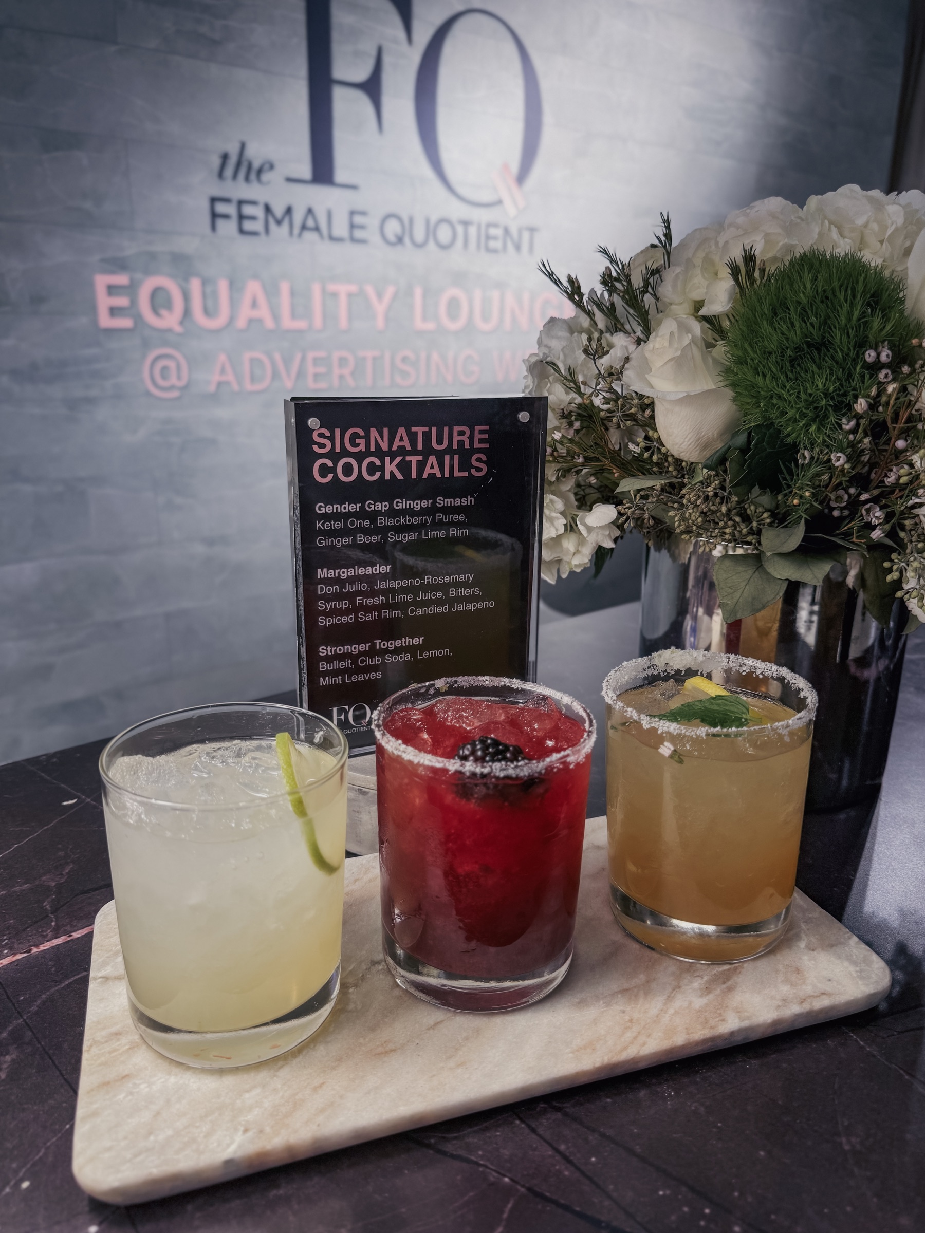 Signature cocktails and menu at The Female Quotient Equality Lounge