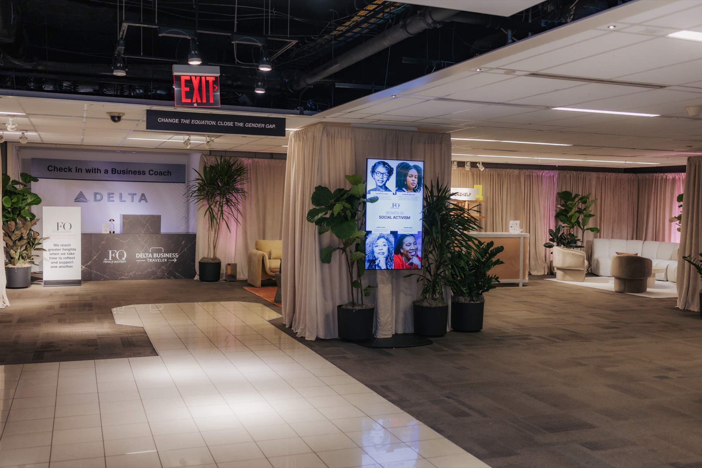 Wide view of The Female Quotient Equality Lounge environment at Advertising Week New York