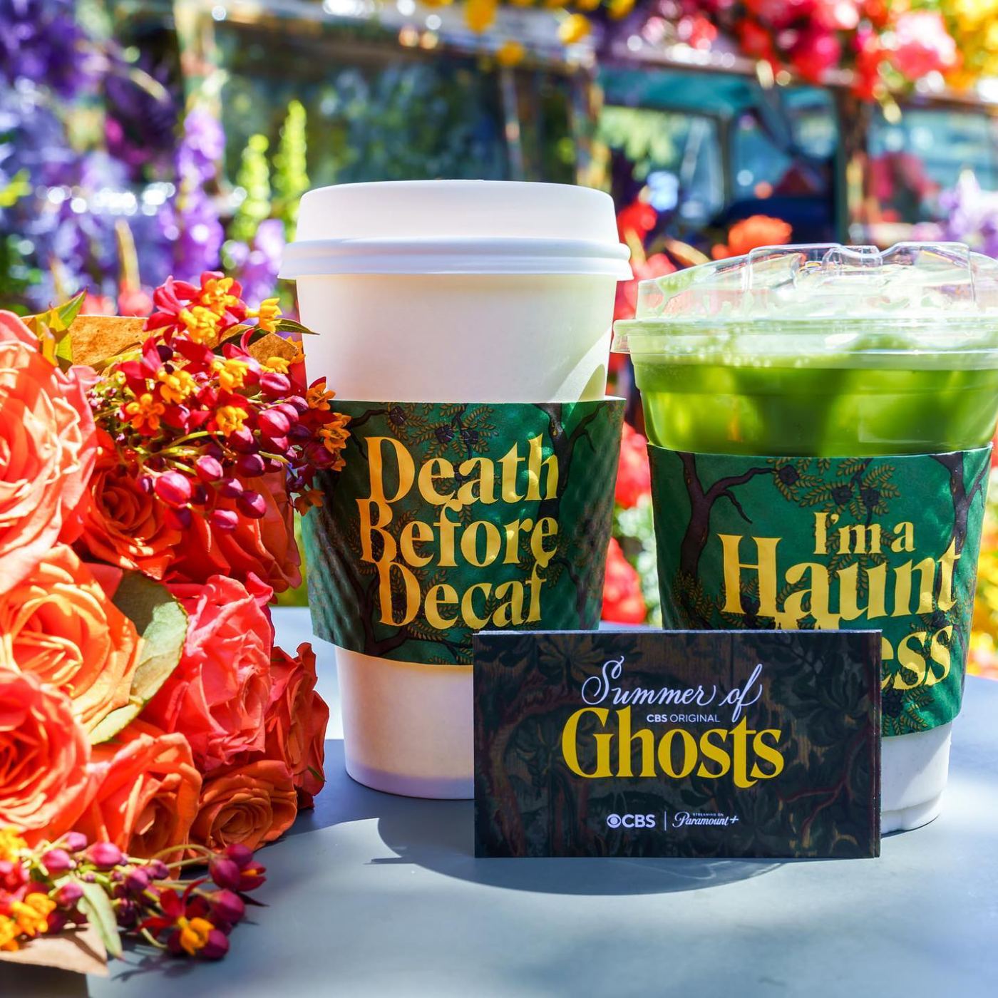 Alfred Coffee cups in Death Before Decaf and I'm a Haunt Mess tapestry sleeves