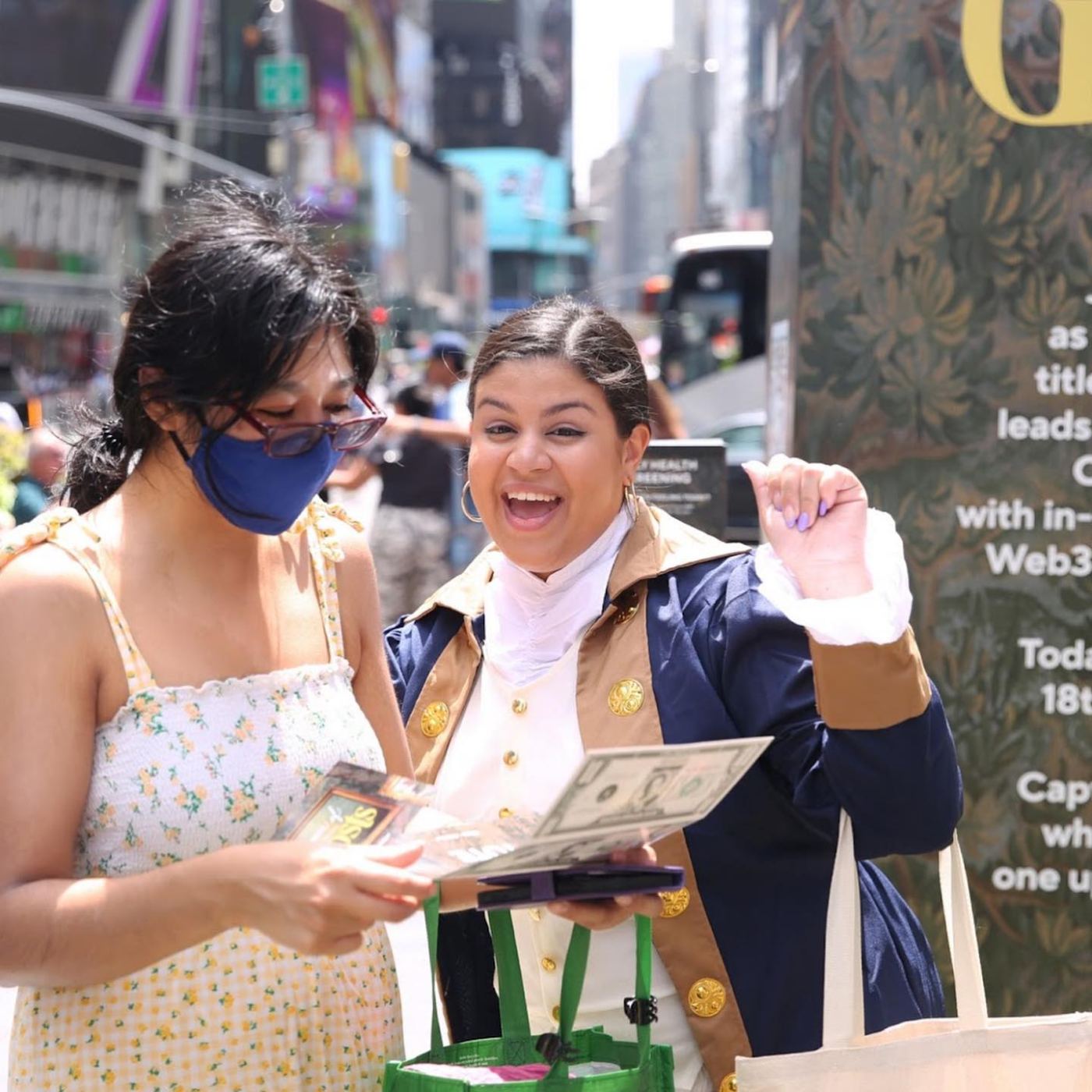 Colonial-costumed street team surprising passersby with Higgintoot dollars
