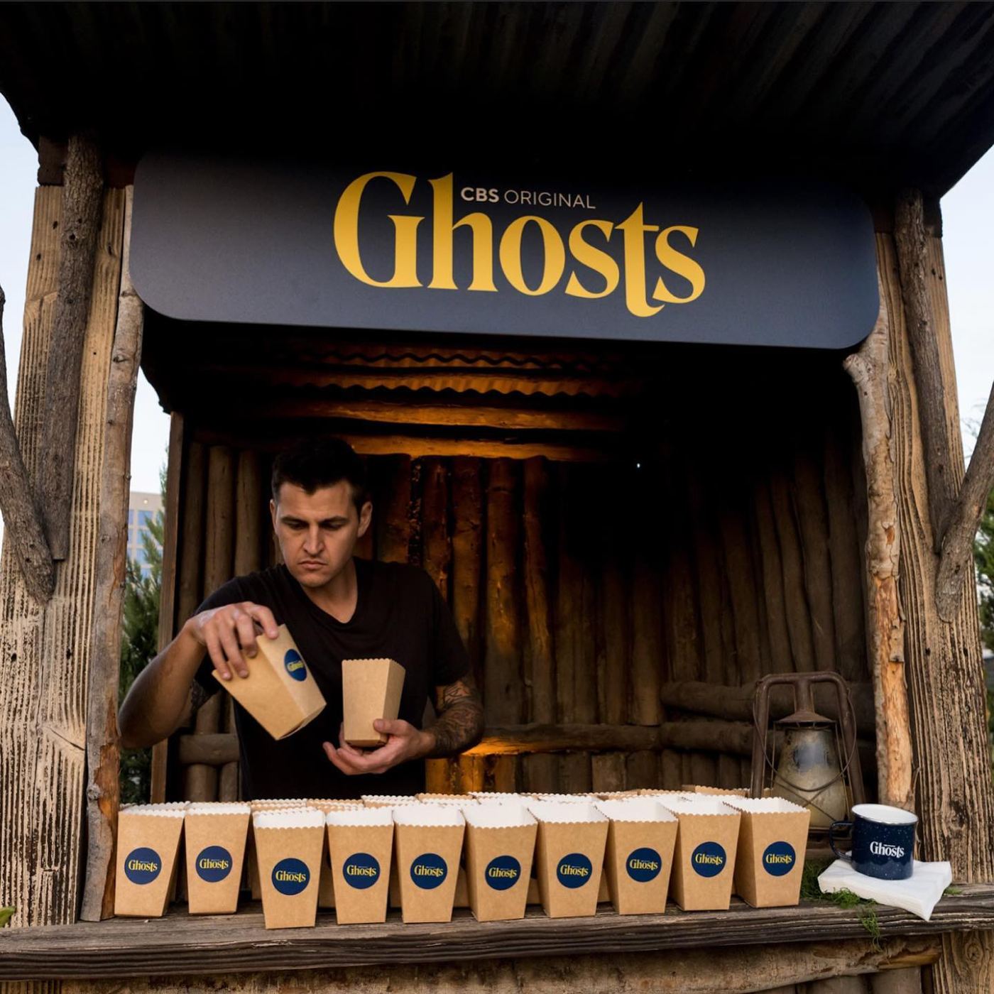 Ghosts popcorn shack with branded boxes at the campground