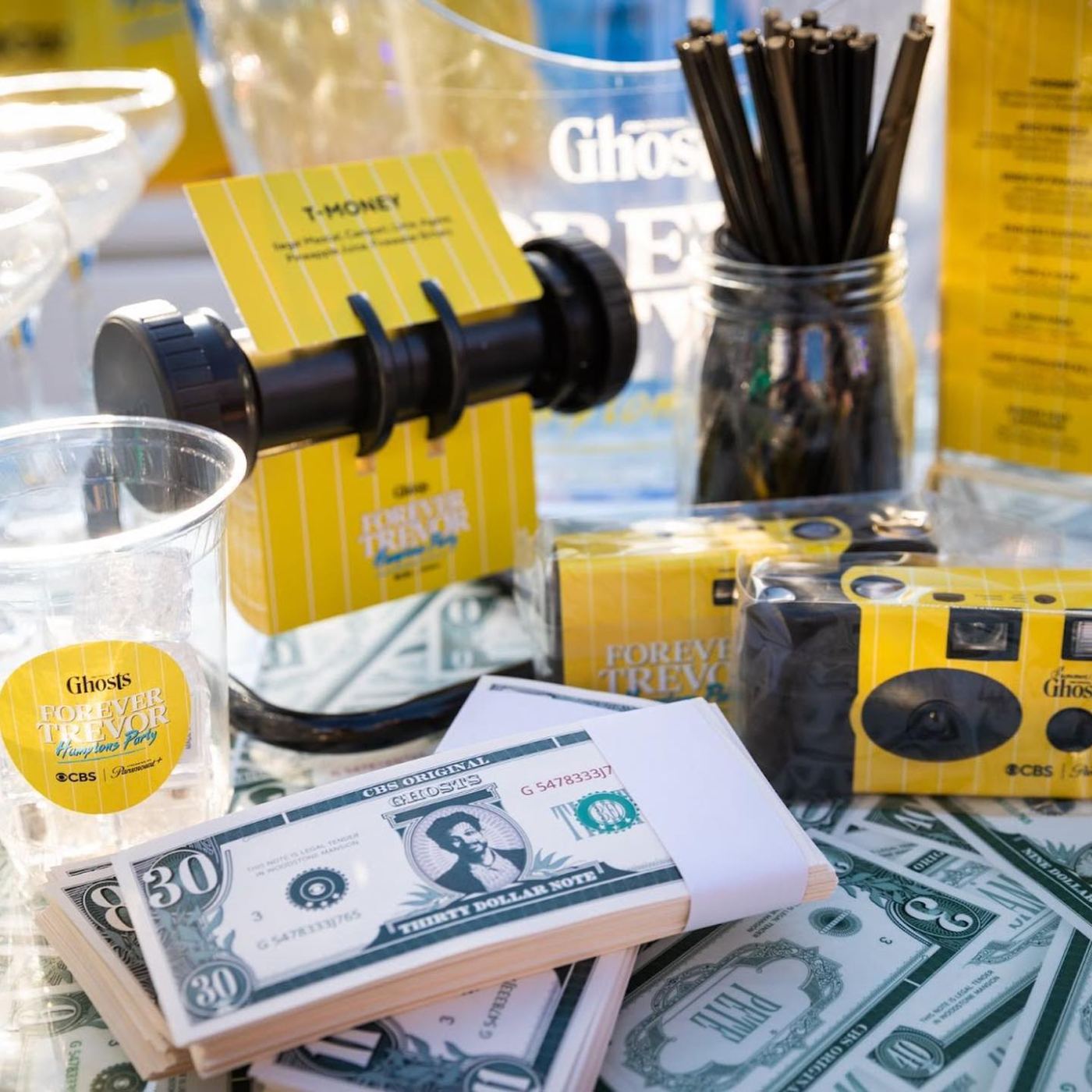 T-Money bar setup with Trevor bills, party cams and the money gun