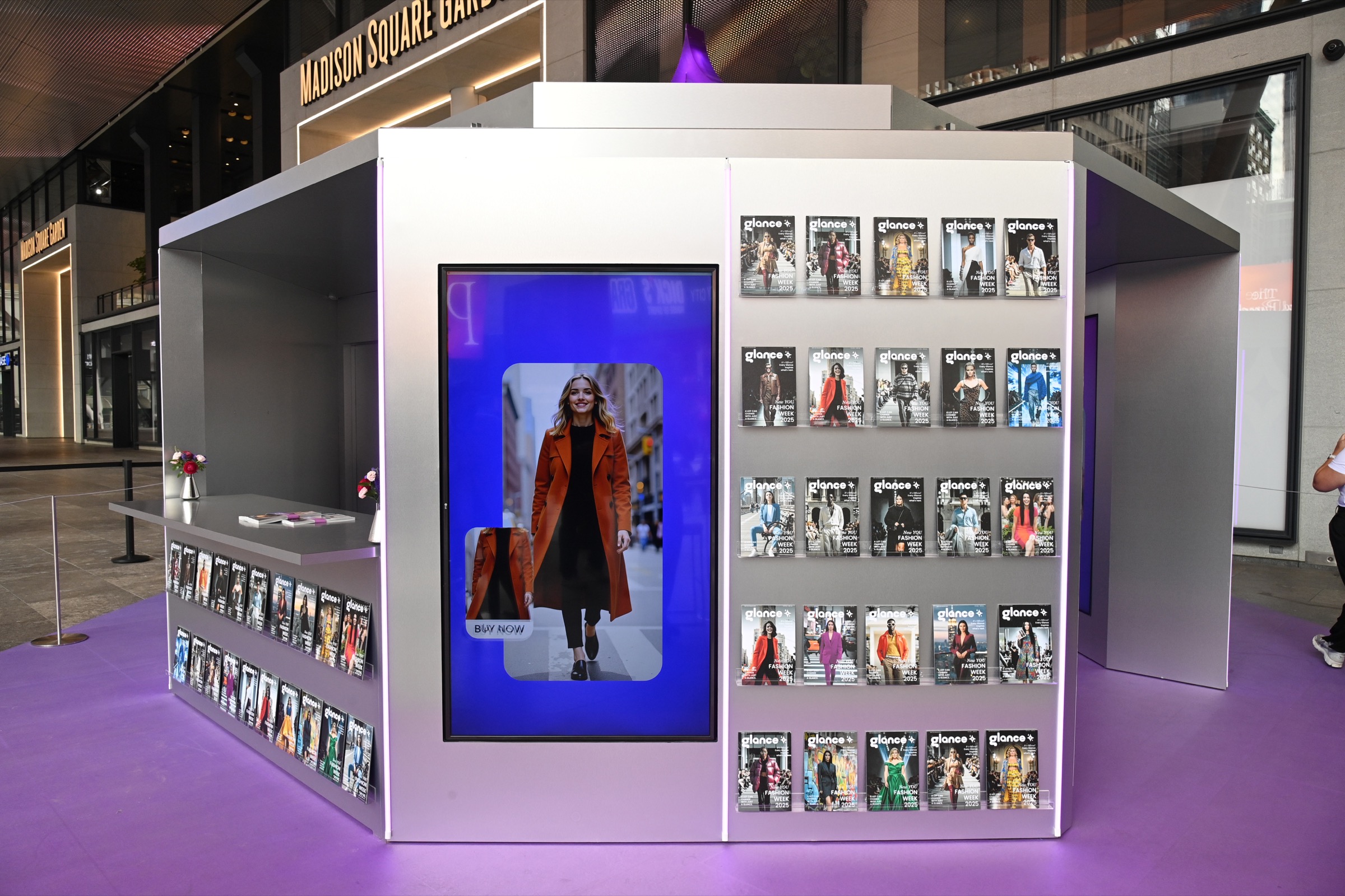 Custom Glance AI newsstand with a digital styling screen