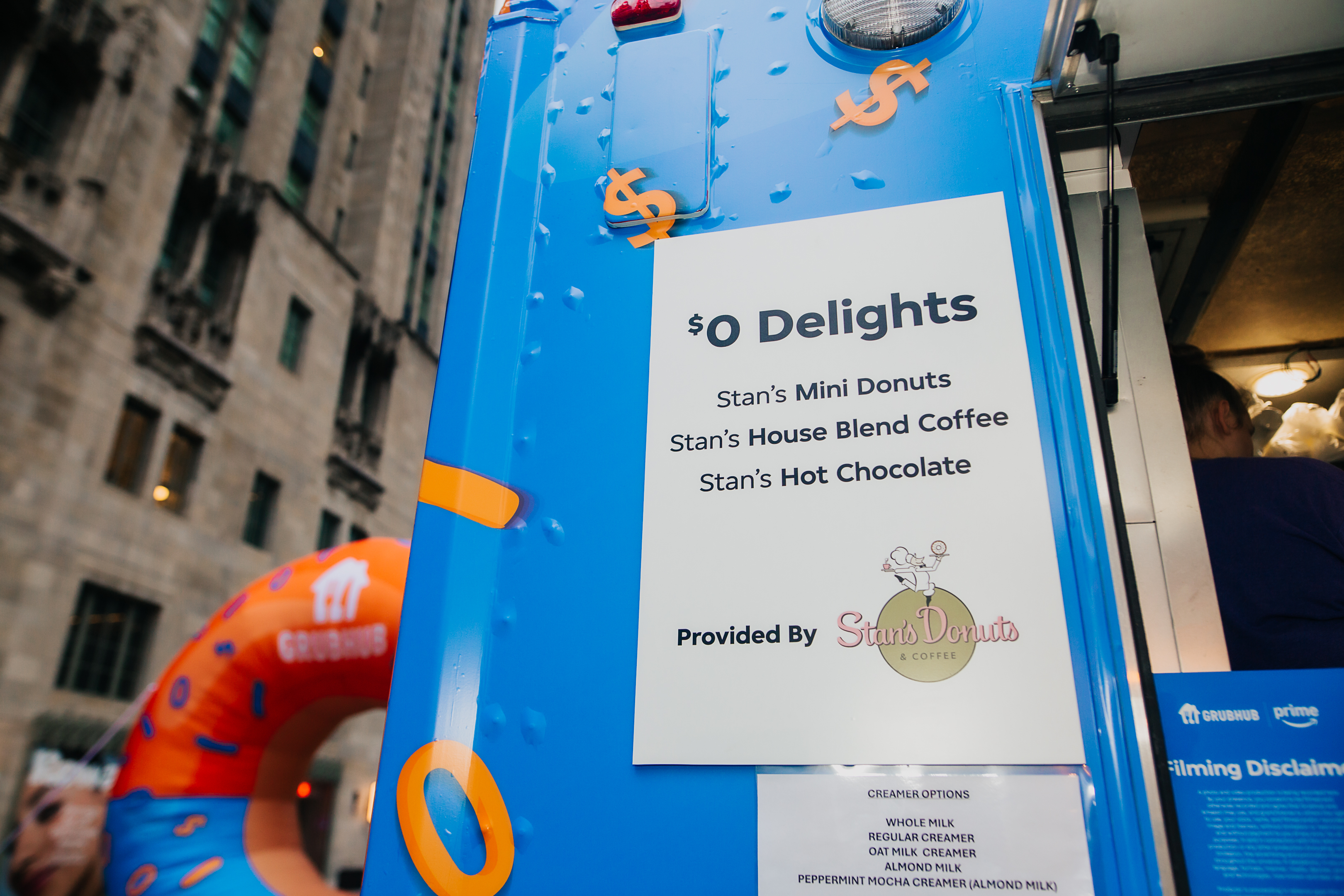 $0 Delights menu of Stan's mini donuts, coffee and hot chocolate on the truck