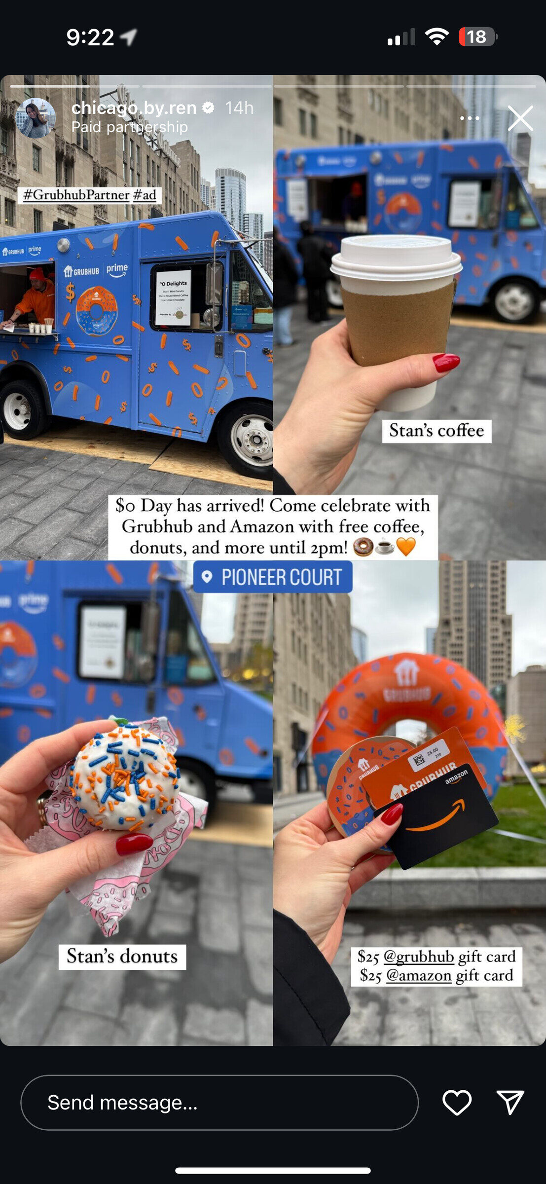 Instagram Story holding a donut and coffee at the truck