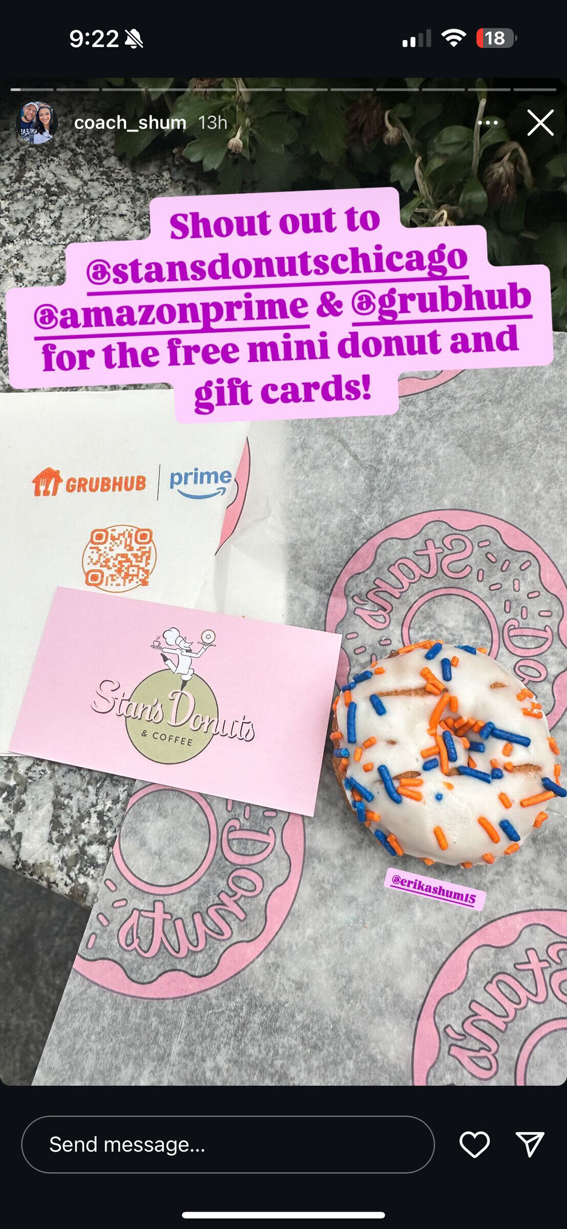 Instagram Story shouting out Stan's Donuts, Amazon Prime and Grubhub