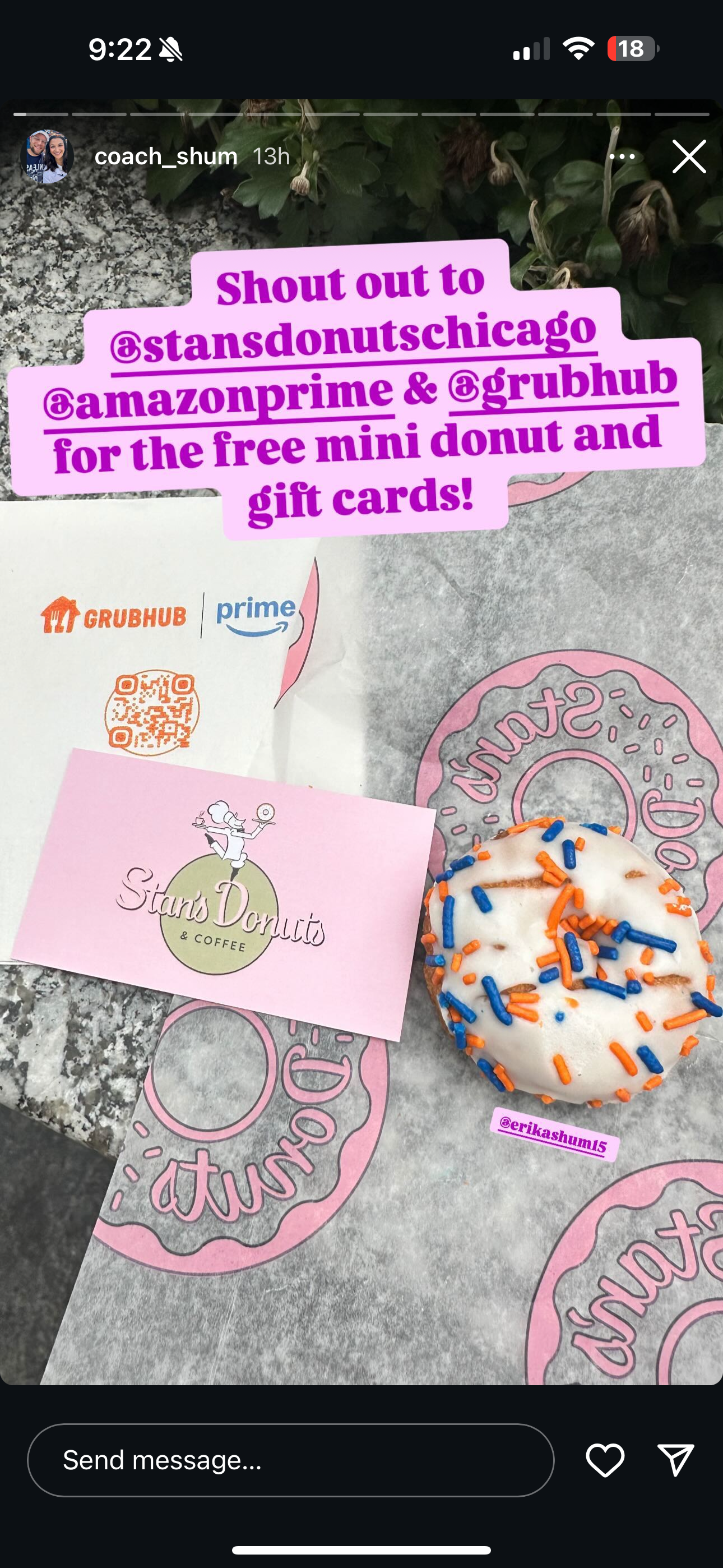Instagram Story shouting out Stan's Donuts, Amazon Prime and Grubhub