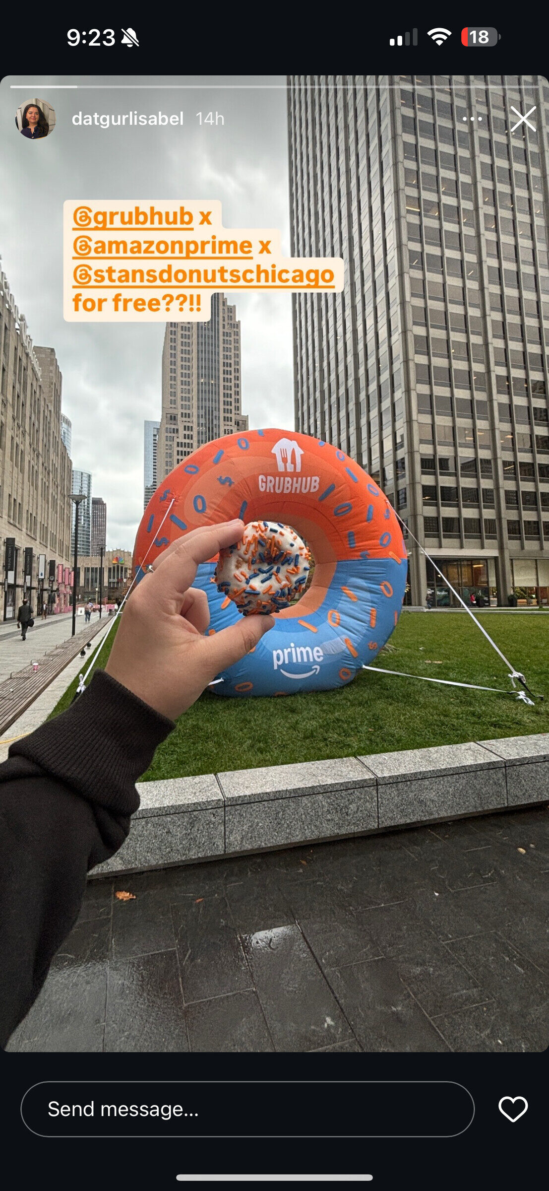 Instagram Story holding a sprinkled donut against the Chicago skyline