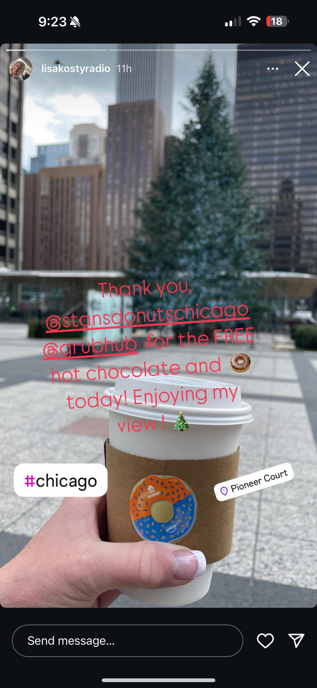 Instagram Story with a branded coffee cup by the Chicago Christmas tree