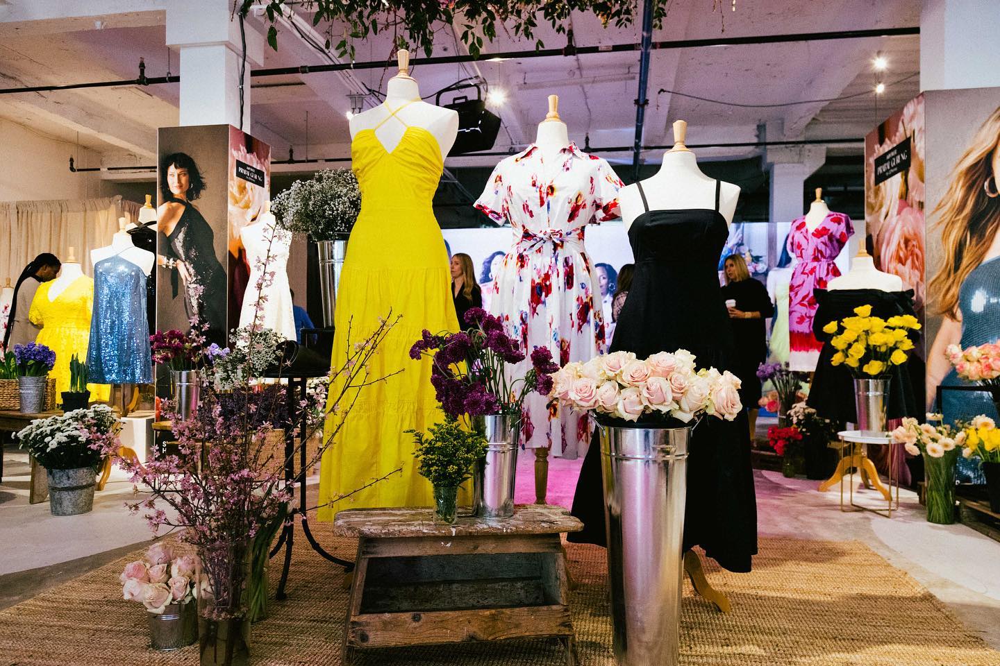 Colorful JCPenney x Prabal Gurung dresses and flower displays