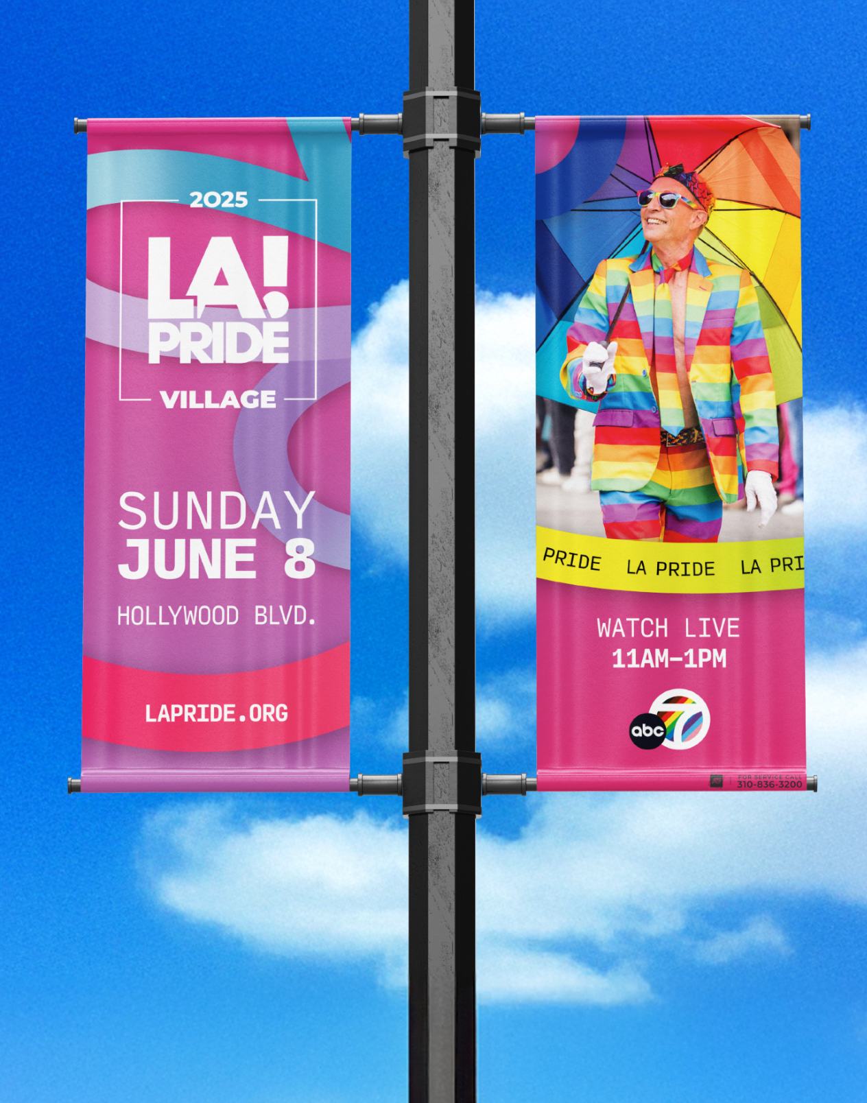 Street-pole banners — LA Pride Village and ABC7 Watch Live