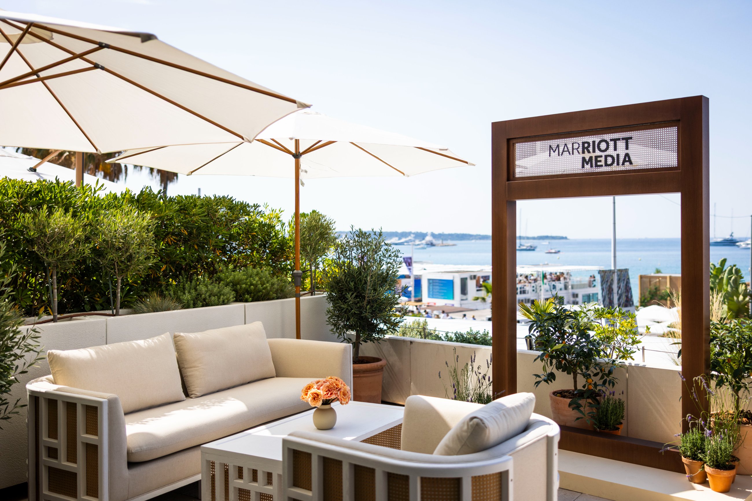 The Marriott Media terrace above the Croisette with its framed archway overlooking the bay