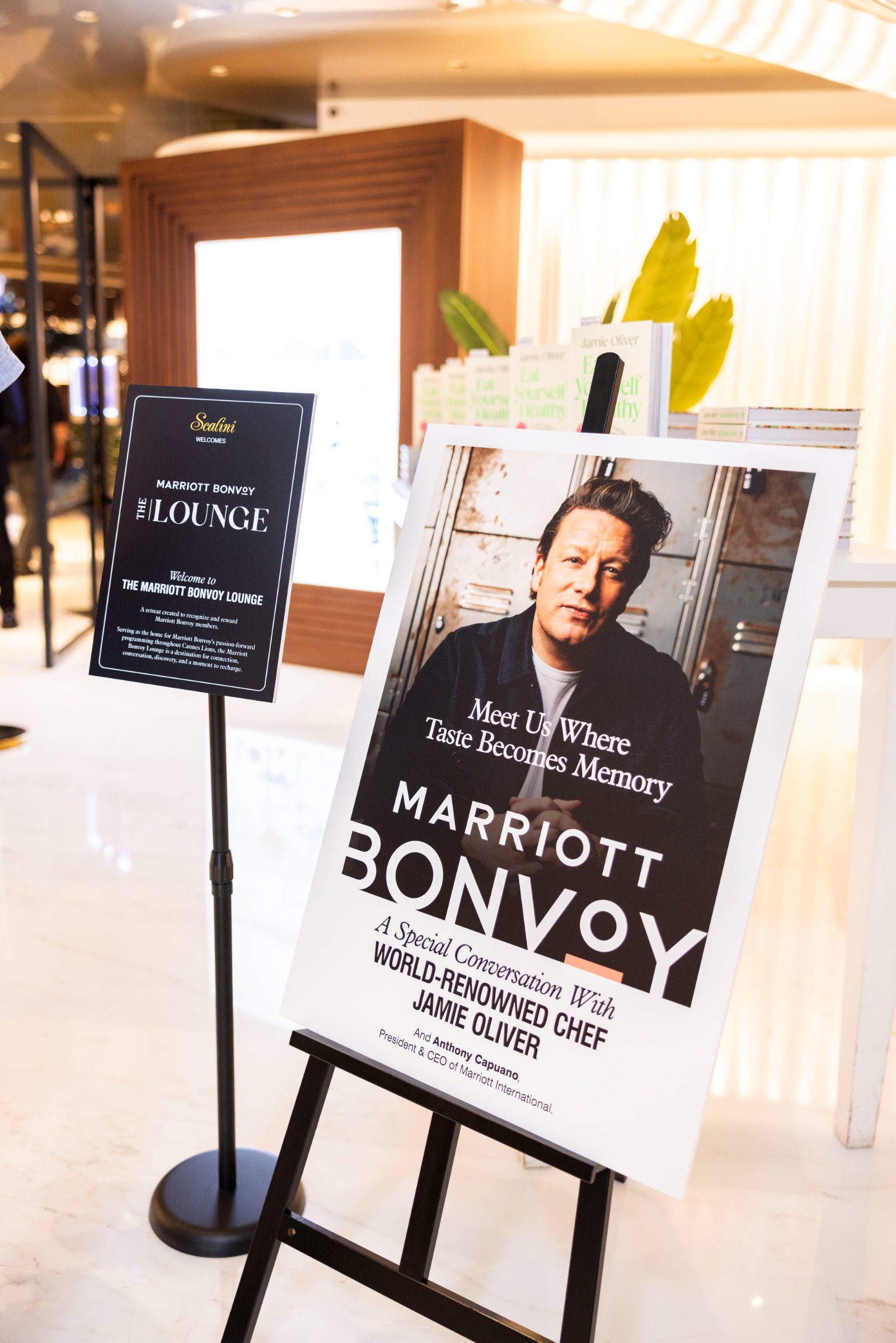 Marriott Bonvoy Lounge easel signage announcing chef programming
