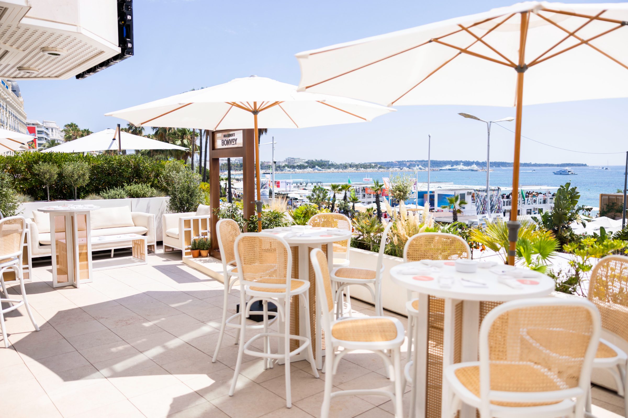 The terrace set for Member Day overlooking the bay of Cannes