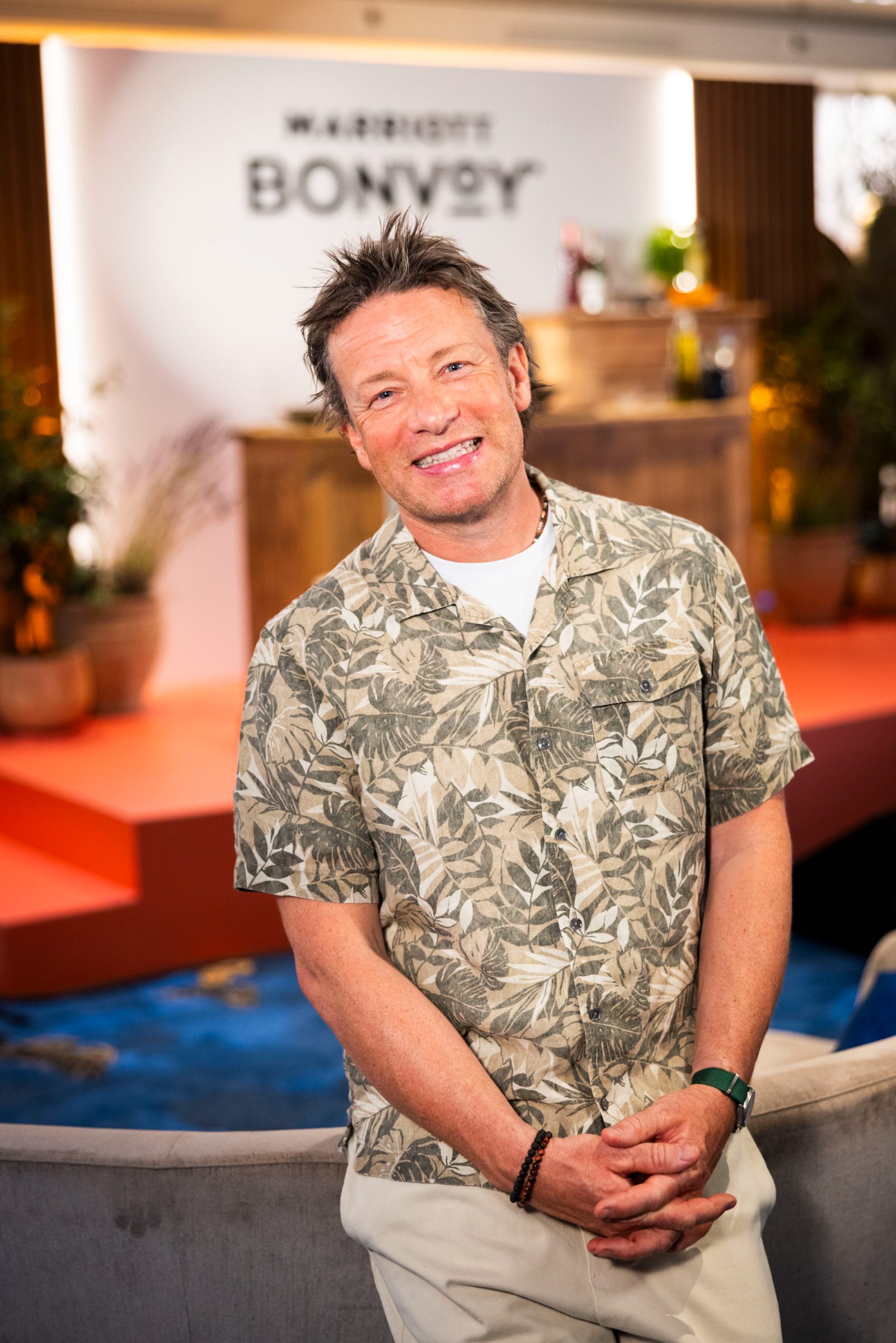 Jamie Oliver at the Marriott Bonvoy Lounge kitchen counter