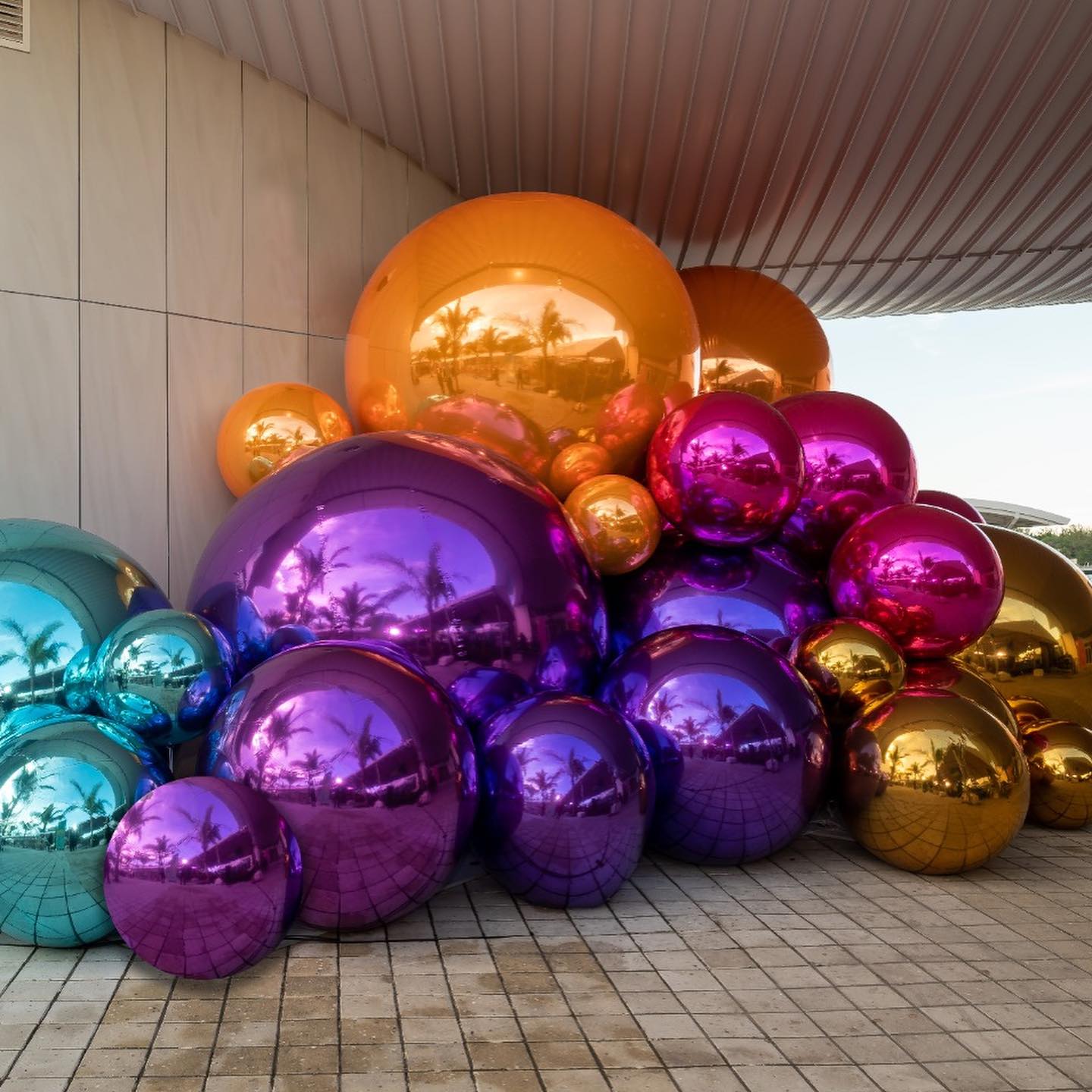Colorful reflective sculptural orbs at Nassau Cruise Port