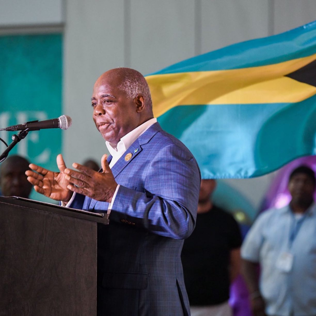 Bahamian Prime Minister Philip Davis speaking at the port opening
