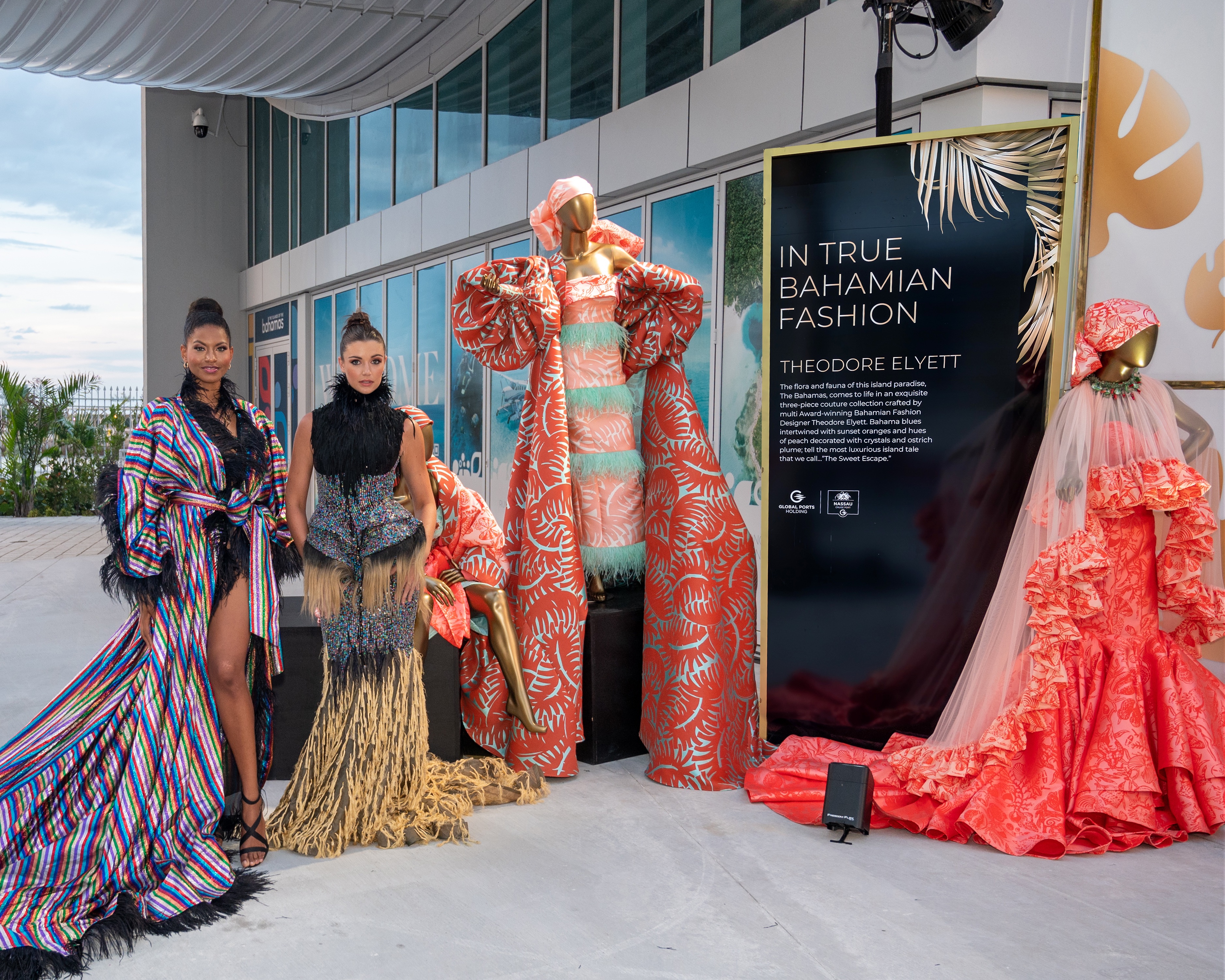 Models presenting Bahamian fashion by Theodore Elyett