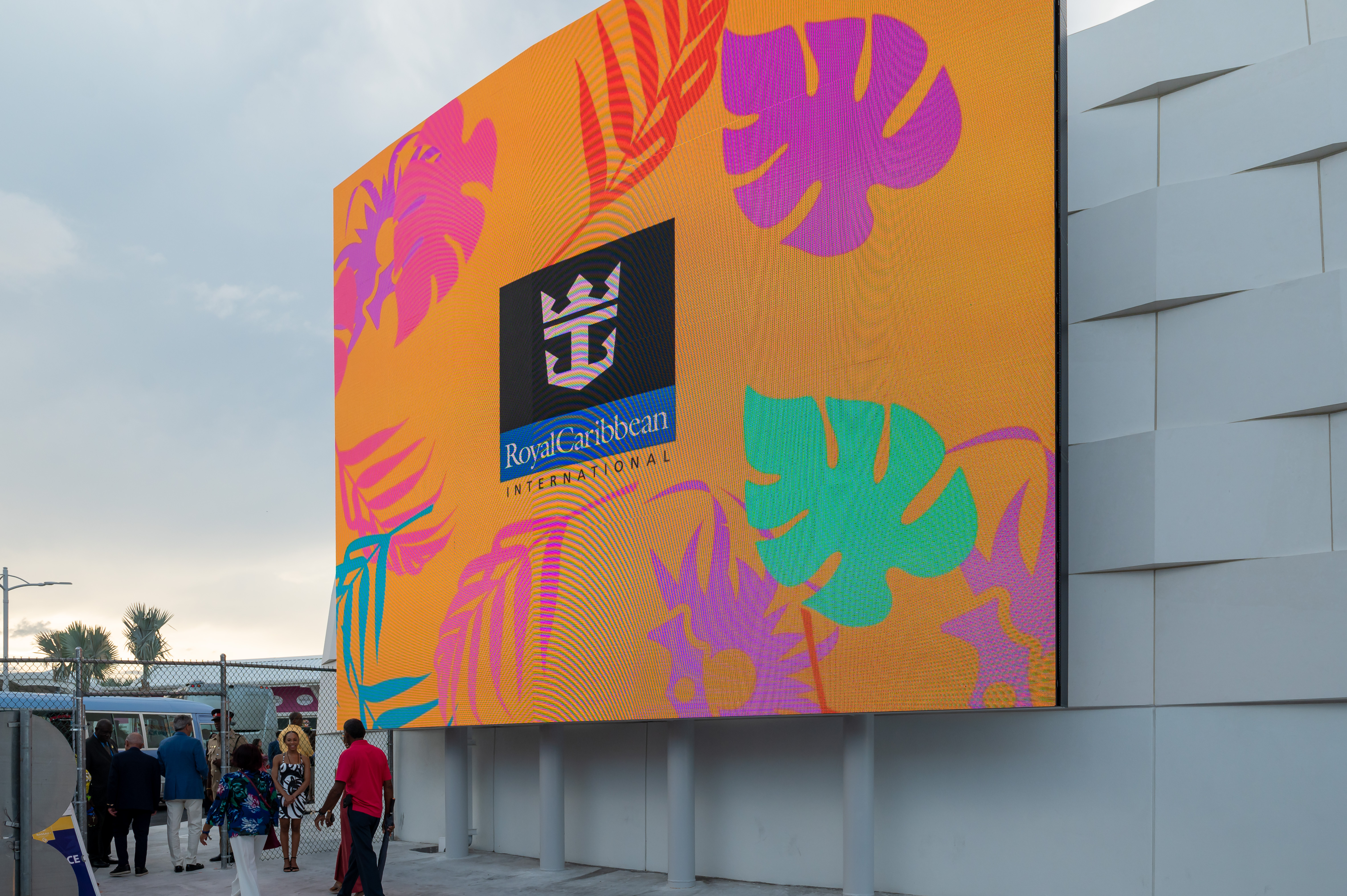 Large LED screen showing the tropical Nassau Cruise Port motion pattern
