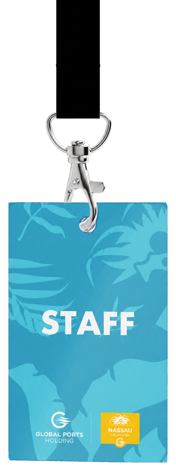 Front of the blue staff credential designed for the Nassau Cruise Port opening
