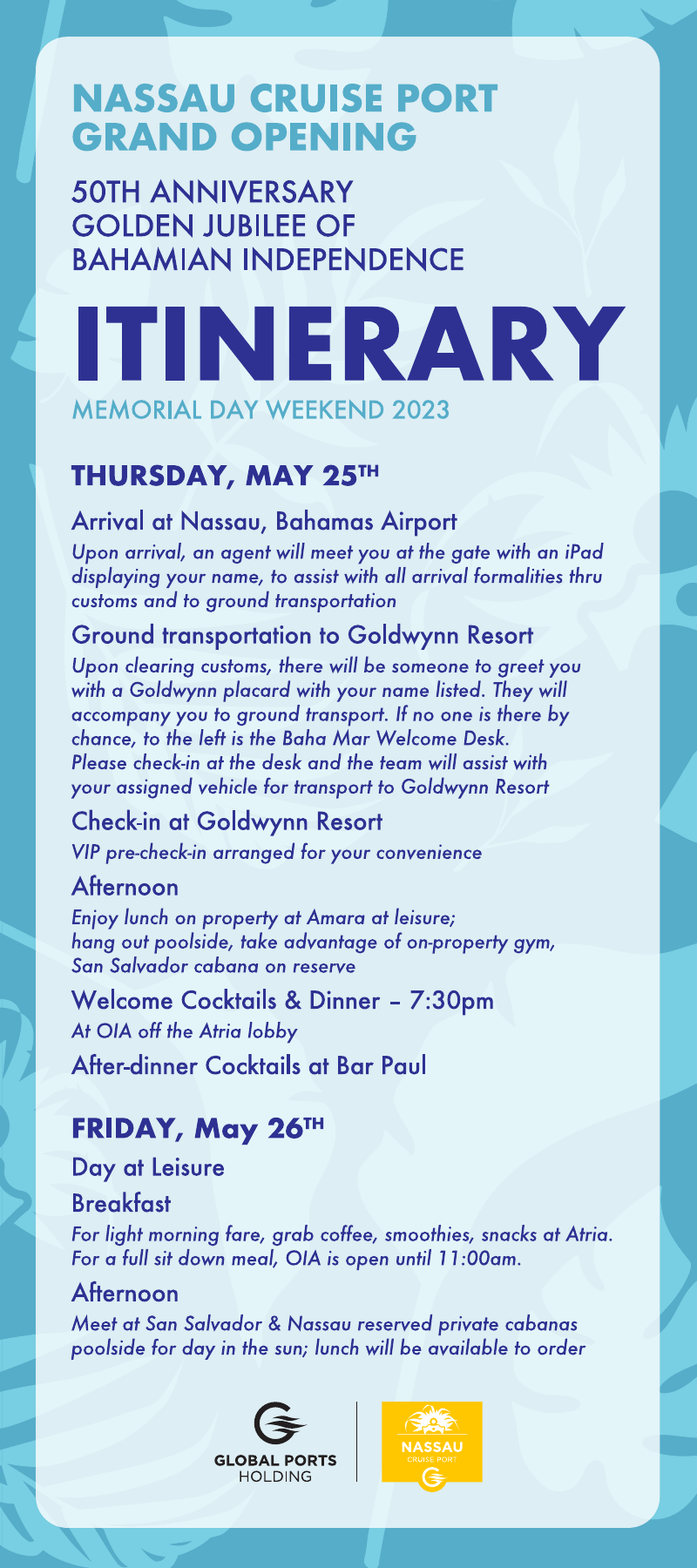 Printed itinerary for the Nassau Cruise Port Grand Opening