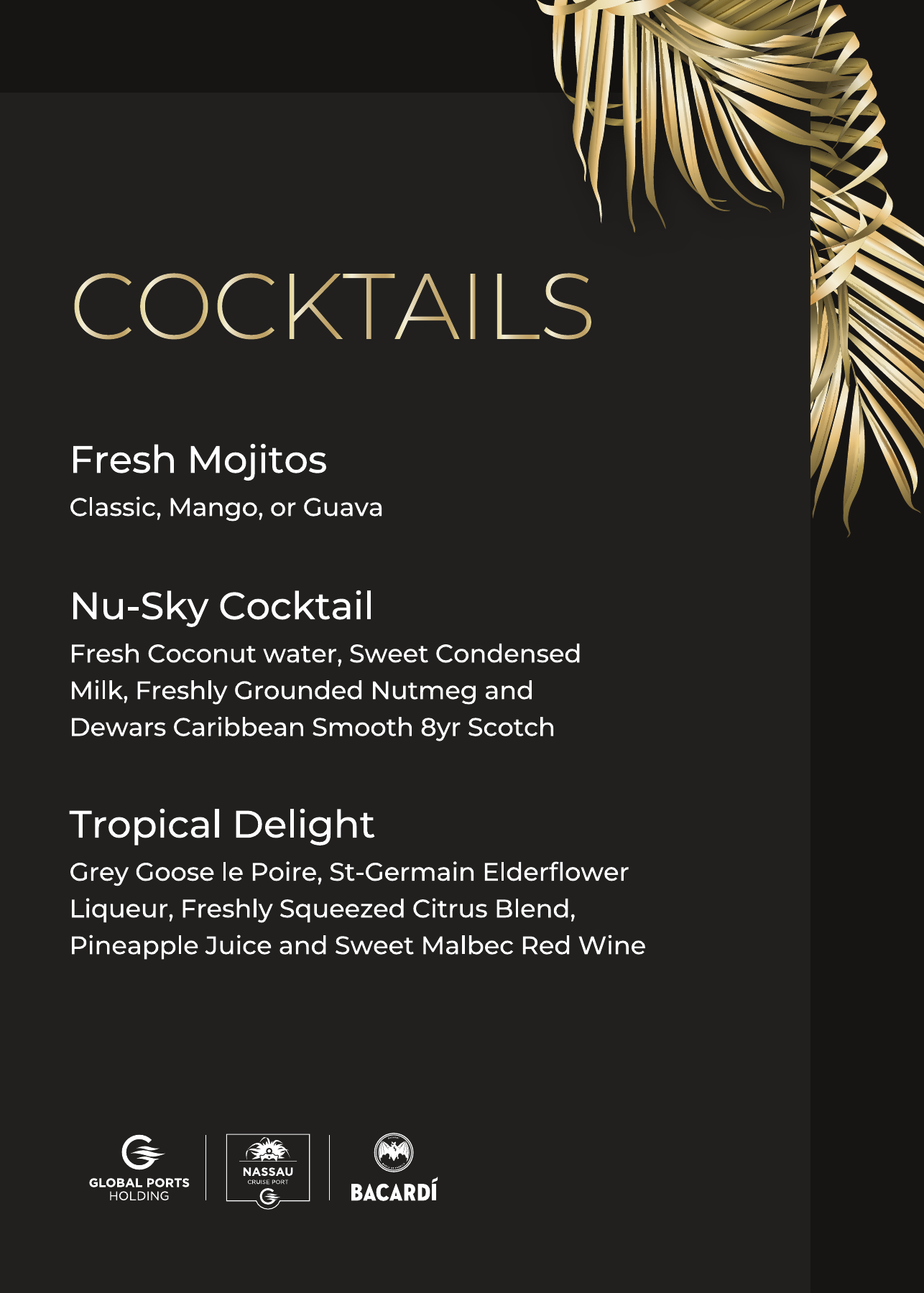 Black and gold cocktail menu designed for the Nassau Cruise Port opening