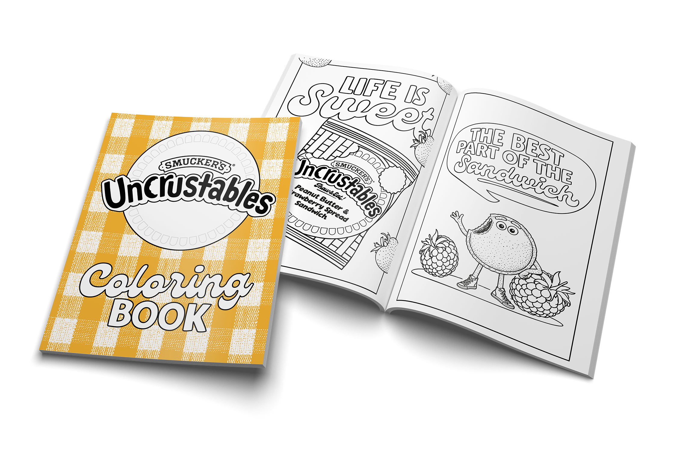 Uncrustables coloring book cover beside an open illustrated spread