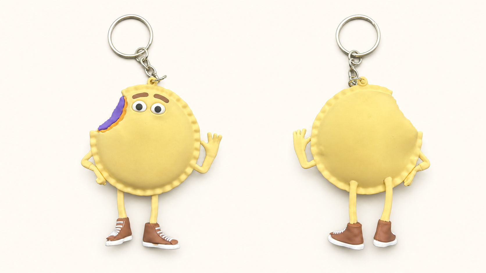 Front and rear views of the finished Uncrustables sandwich character keychain on a clean studio background
