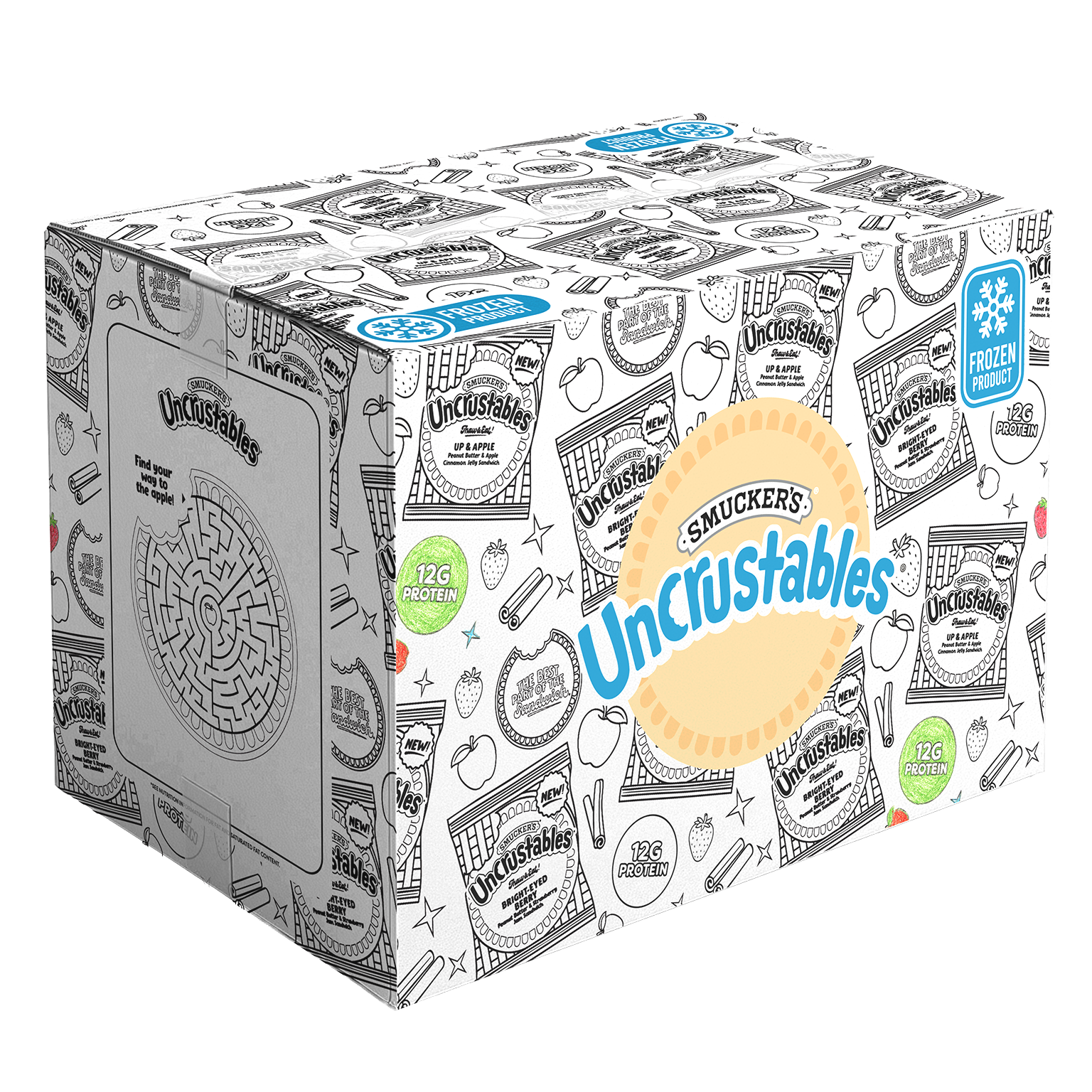Uncrustables protein shipping box covered in black-and-white coloring-book illustrations, activity graphics and selectively colored brand details