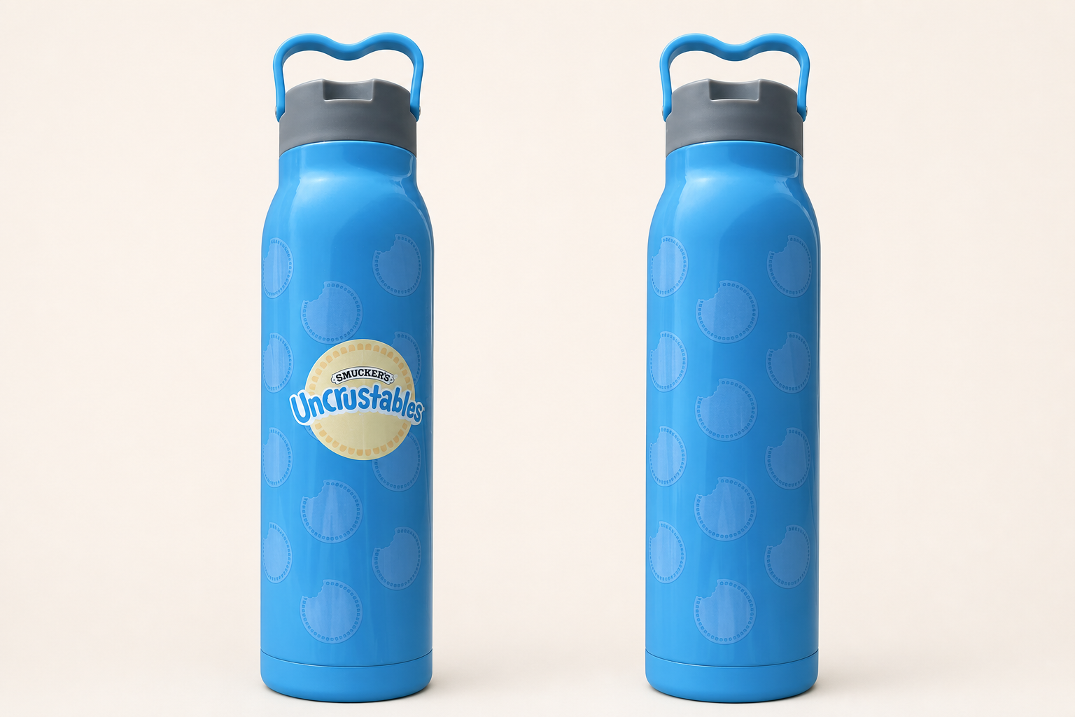 Front and rear views of the finished blue Uncrustables water bottle on a clean studio background