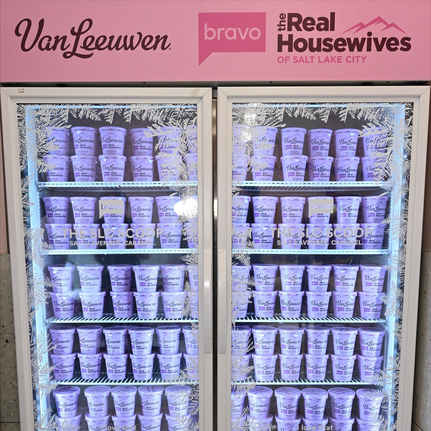 Branded freezer stocked with SLC Scoop pints behind frosted glass