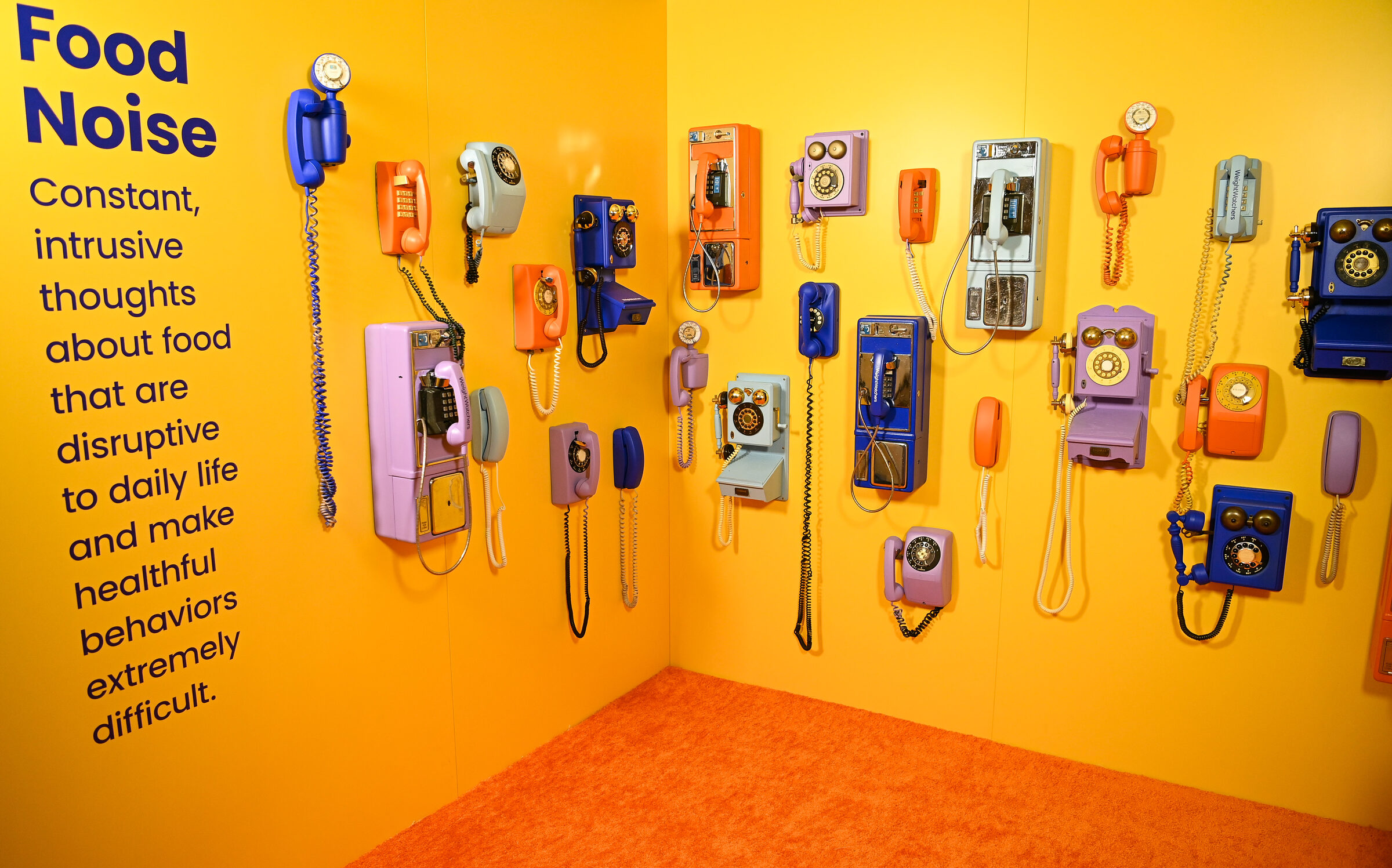 A wall of colorful vintage telephones in the orange Food Noise room
