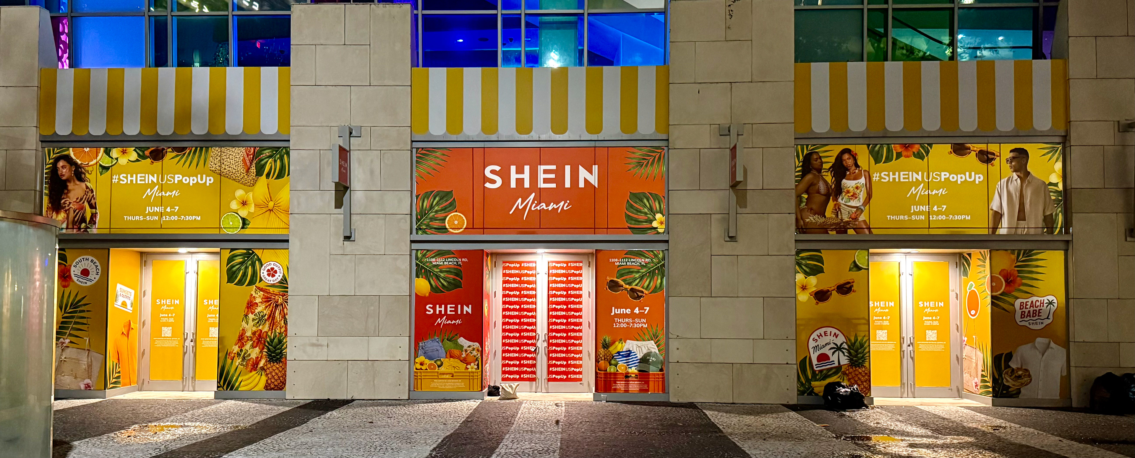 SHEIN Miami storefront building wraps at night